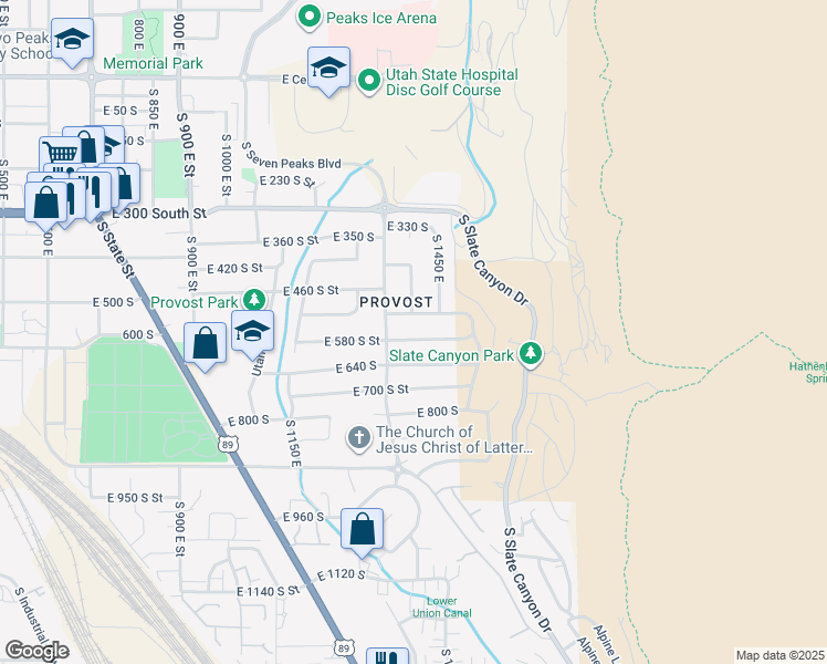 map of restaurants, bars, coffee shops, grocery stores, and more near 1401 East 580 South Street in Provo