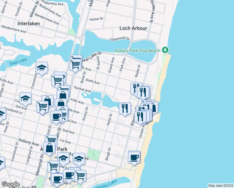 map of restaurants, bars, coffee shops, grocery stores, and more near 1406 Park Avenue in Asbury Park
