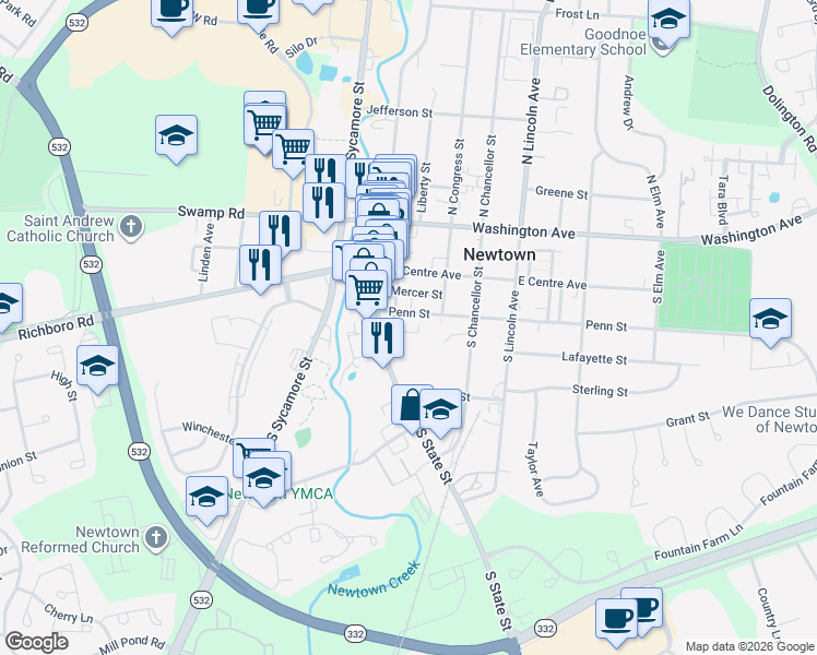 map of restaurants, bars, coffee shops, grocery stores, and more near 212 Court Street in Newtown
