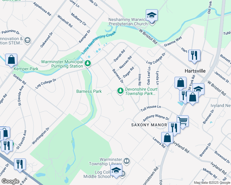 map of restaurants, bars, coffee shops, grocery stores, and more near 1176 Lynch Circle in Warminster