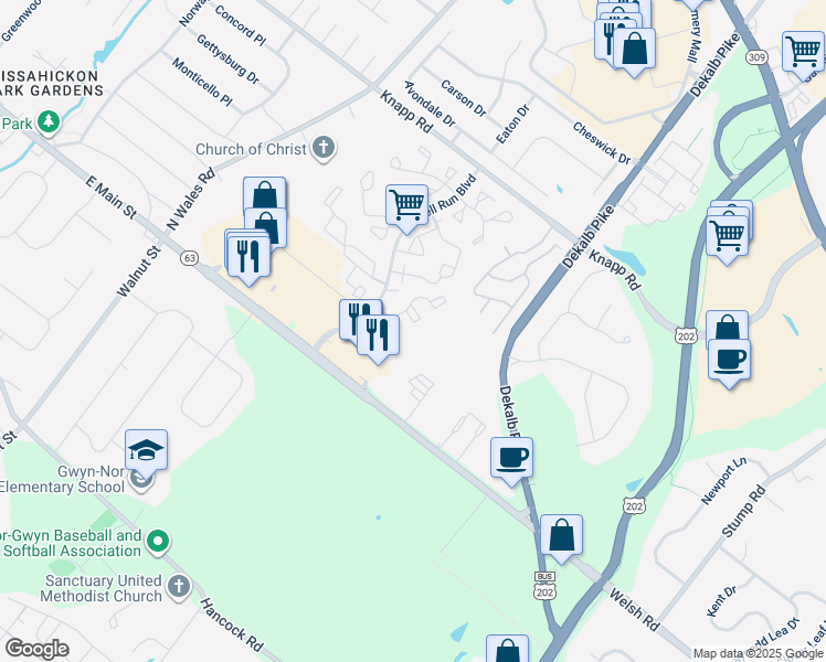 map of restaurants, bars, coffee shops, grocery stores, and more near 802 Karen's Court in North Wales