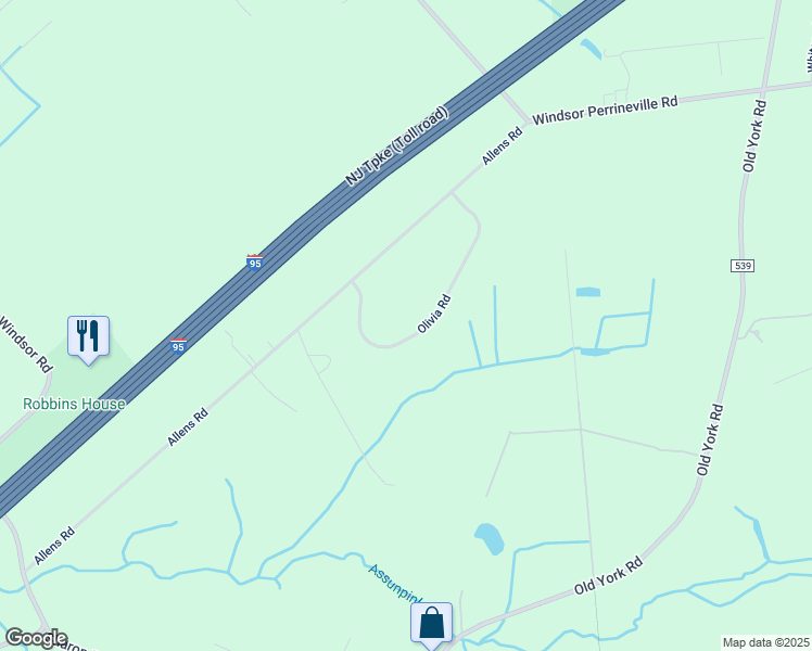 map of restaurants, bars, coffee shops, grocery stores, and more near 8 Olivia Road in Hightstown