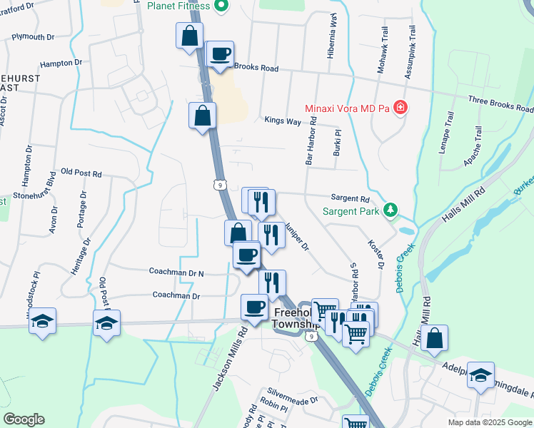 map of restaurants, bars, coffee shops, grocery stores, and more near 3333 U.S. 9 in Freehold Township