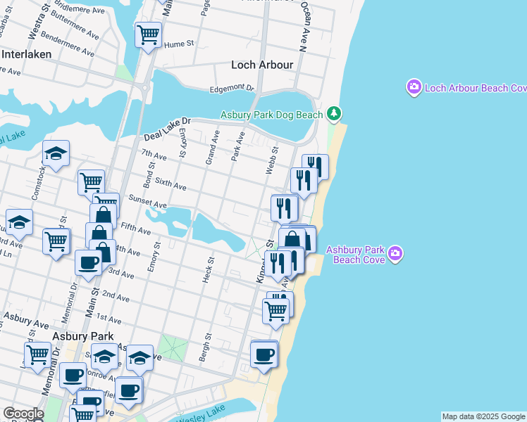map of restaurants, bars, coffee shops, grocery stores, and more near 1400 Webb Street in Asbury Park