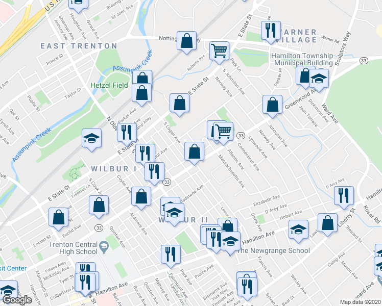 map of restaurants, bars, coffee shops, grocery stores, and more near 1420 Greenwood Avenue in Trenton