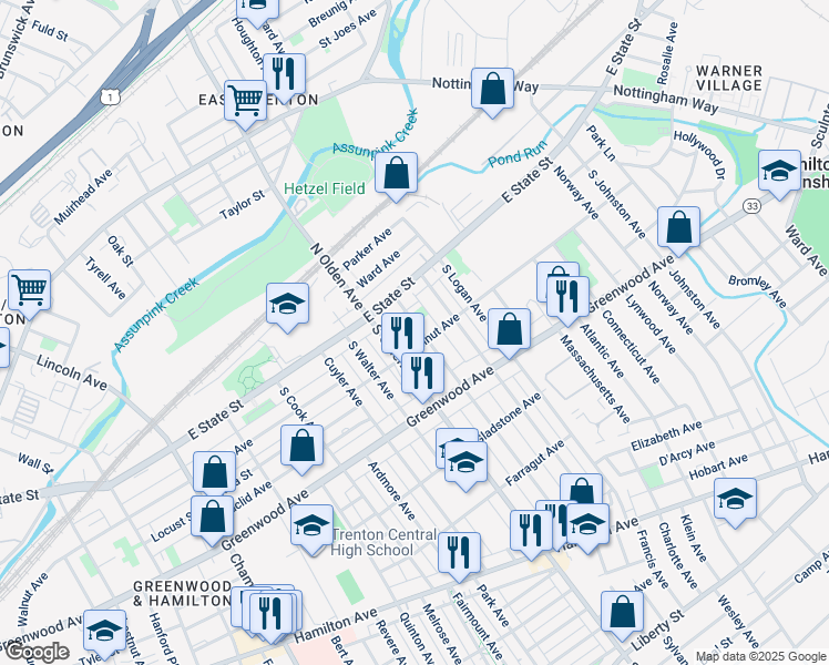 map of restaurants, bars, coffee shops, grocery stores, and more near 63 Garfield Avenue in Trenton