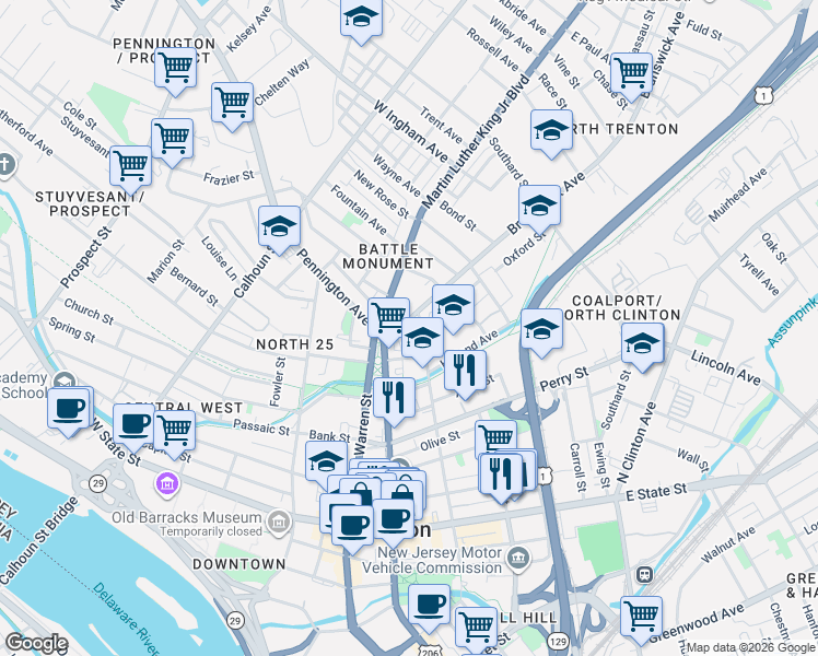 map of restaurants, bars, coffee shops, grocery stores, and more near 219 North Montgomery Street in Trenton