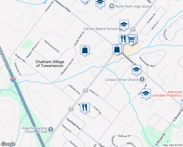 map of restaurants, bars, coffee shops, grocery stores, and more near 1660 South Valley Forge Road in Lansdale