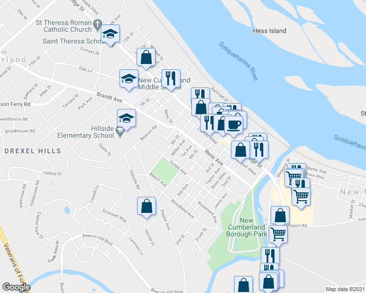 map of restaurants, bars, coffee shops, grocery stores, and more near 414 Geary Avenue in New Cumberland