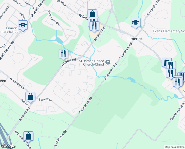 map of restaurants, bars, coffee shops, grocery stores, and more near 2108 Royal Court in Royersford