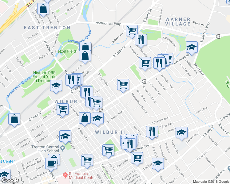 map of restaurants, bars, coffee shops, grocery stores, and more near 150 South Logan Avenue in Trenton