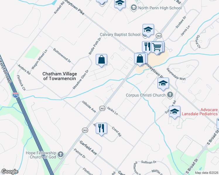 map of restaurants, bars, coffee shops, grocery stores, and more near 1660 South Valley Forge Road in Lansdale