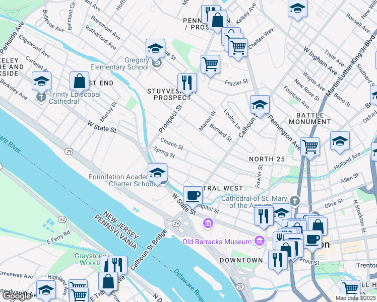 map of restaurants, bars, coffee shops, grocery stores, and more near Church Street & White Street in Trenton