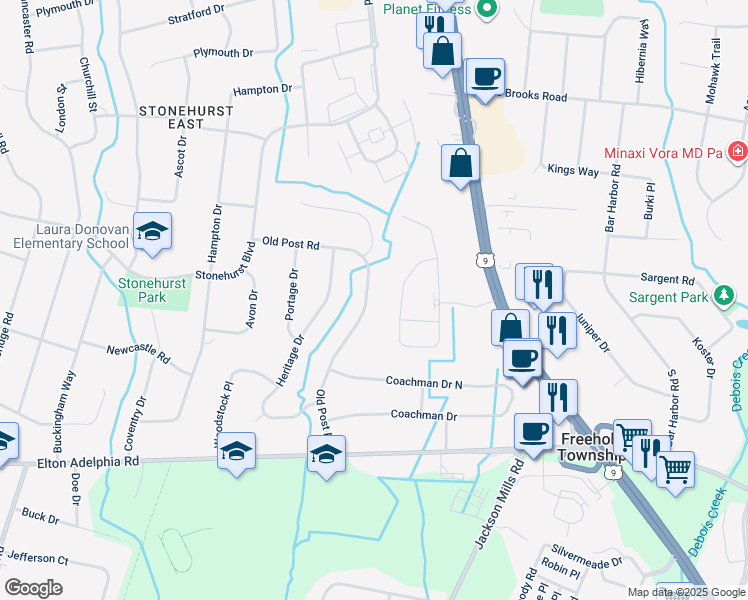 map of restaurants, bars, coffee shops, grocery stores, and more near 80 Old Post Road in Freehold