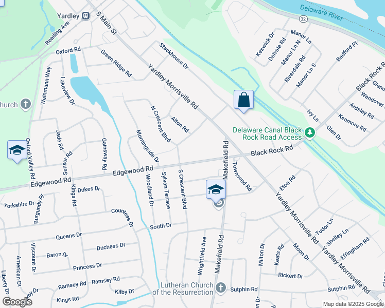 map of restaurants, bars, coffee shops, grocery stores, and more near 14 Edgewood Road in Yardley