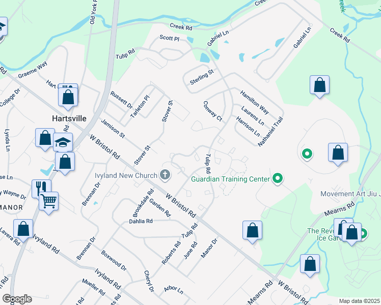 map of restaurants, bars, coffee shops, grocery stores, and more near 802 Julian Drive West in Warminster
