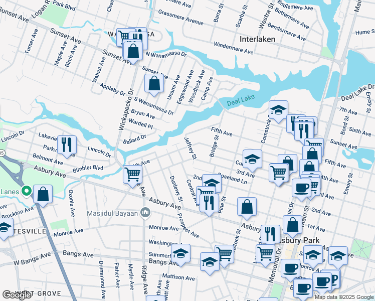 map of restaurants, bars, coffee shops, grocery stores, and more near 1402 4th Avenue in Asbury Park
