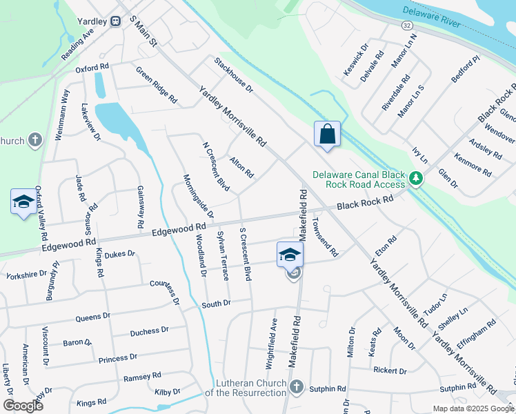 map of restaurants, bars, coffee shops, grocery stores, and more near 14 Edgewood Road in Yardley