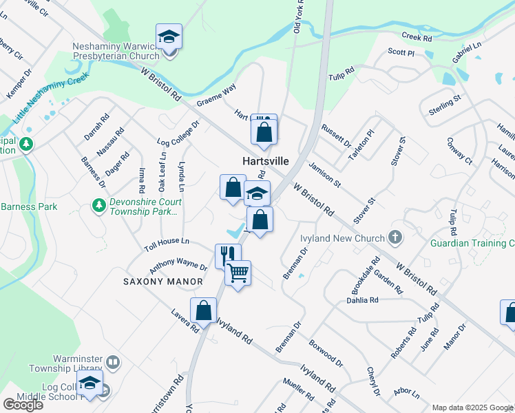 map of restaurants, bars, coffee shops, grocery stores, and more near 1245 York Road in Warminster