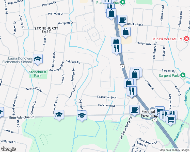 map of restaurants, bars, coffee shops, grocery stores, and more near 80 Old Post Road in Freehold