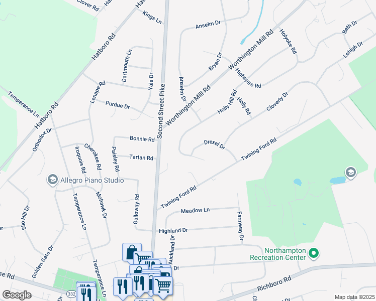 map of restaurants, bars, coffee shops, grocery stores, and more near 99 Drexel Drive in Richboro