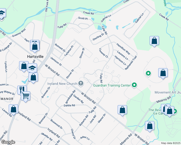 map of restaurants, bars, coffee shops, grocery stores, and more near 1001 Julian Drive East in Warwick