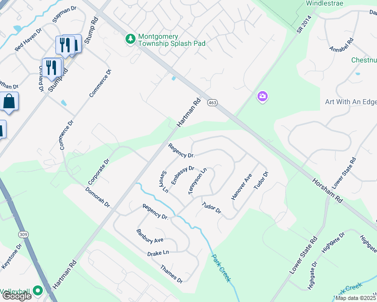 map of restaurants, bars, coffee shops, grocery stores, and more near 242 Tudor Drive in North Wales