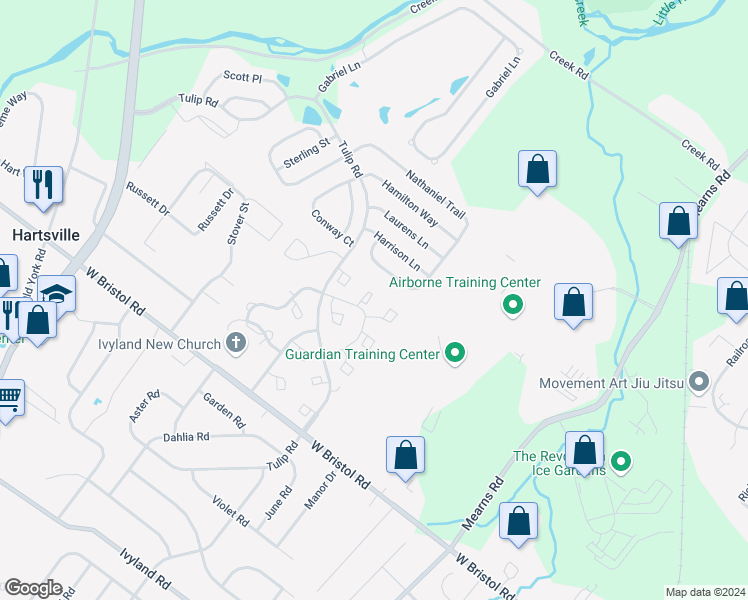 map of restaurants, bars, coffee shops, grocery stores, and more near 105 Birch Valley Court in Warminster
