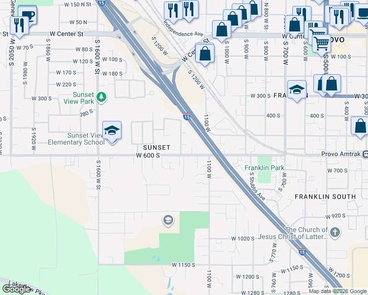 map of restaurants, bars, coffee shops, grocery stores, and more near 1193 West 490 South in Provo