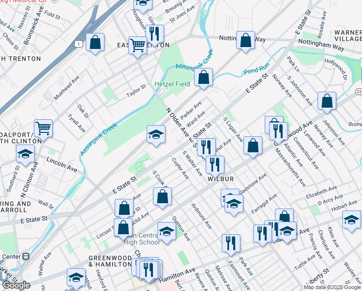 map of restaurants, bars, coffee shops, grocery stores, and more near 19 North Olden Avenue in Trenton