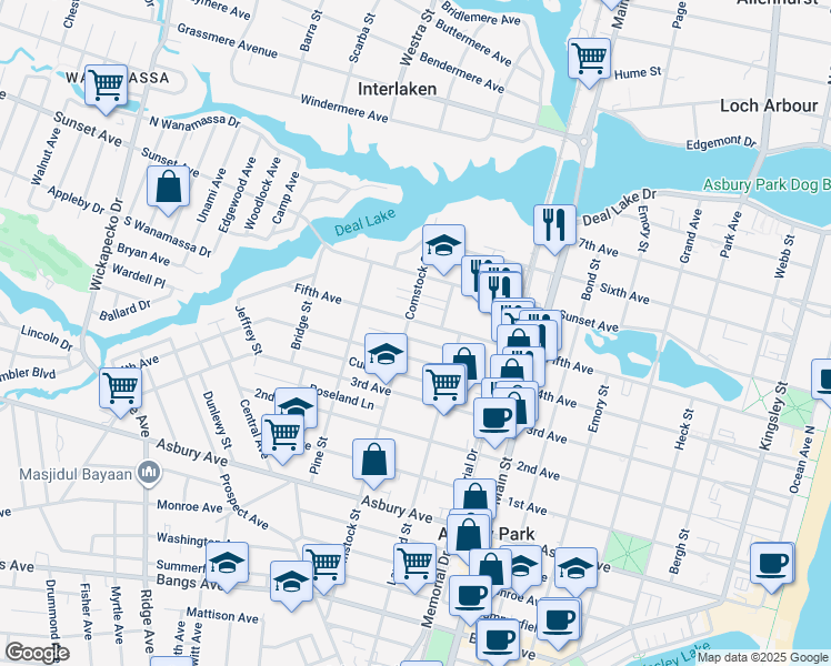 map of restaurants, bars, coffee shops, grocery stores, and more near 1011 5th Avenue in Asbury Park