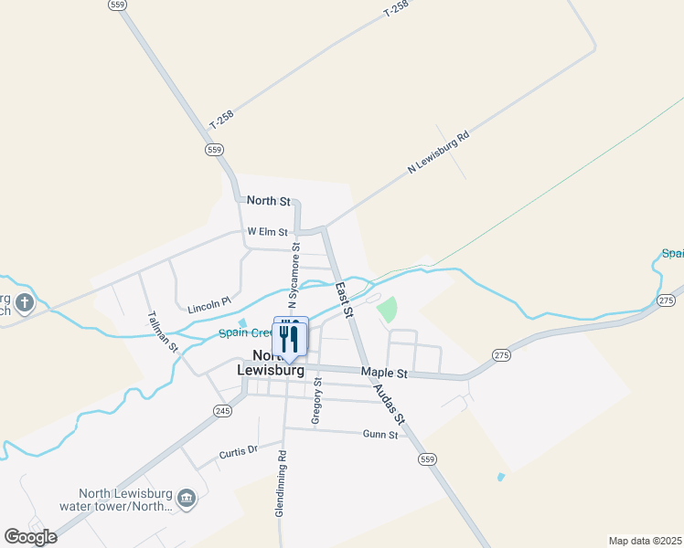 map of restaurants, bars, coffee shops, grocery stores, and more near 319 East Street in North Lewisburg