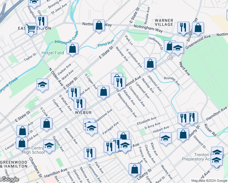 map of restaurants, bars, coffee shops, grocery stores, and more near 1600 New Jersey 33 in Trenton