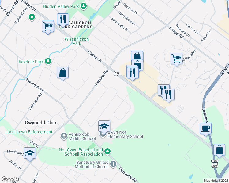 map of restaurants, bars, coffee shops, grocery stores, and more near 127 Weber Road in North Wales