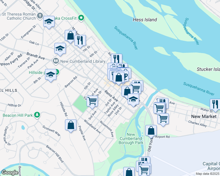 map of restaurants, bars, coffee shops, grocery stores, and more near 320 Bridge Street in New Cumberland