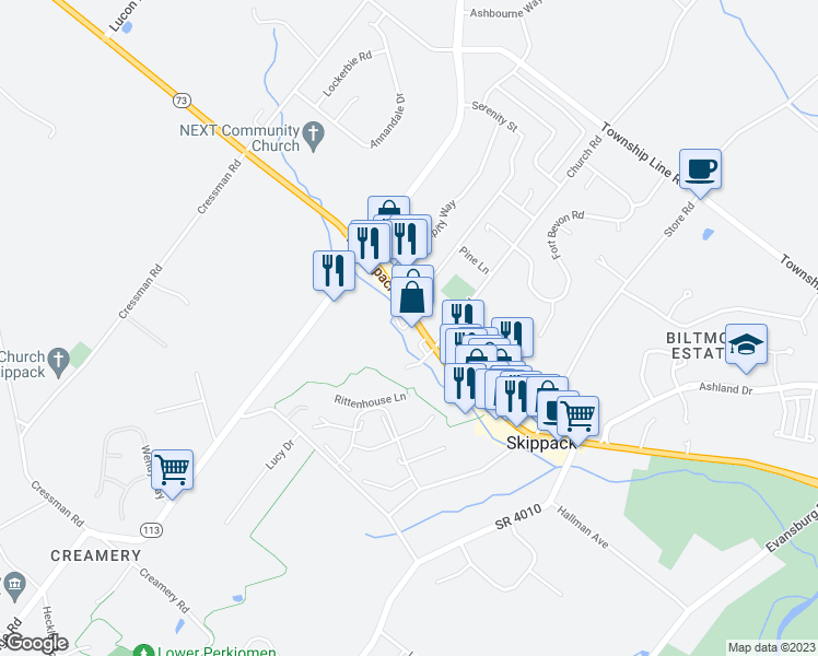 map of restaurants, bars, coffee shops, grocery stores, and more near in Skippack