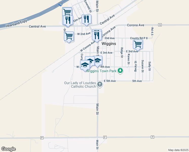 map of restaurants, bars, coffee shops, grocery stores, and more near 415 Main Street in Wiggins