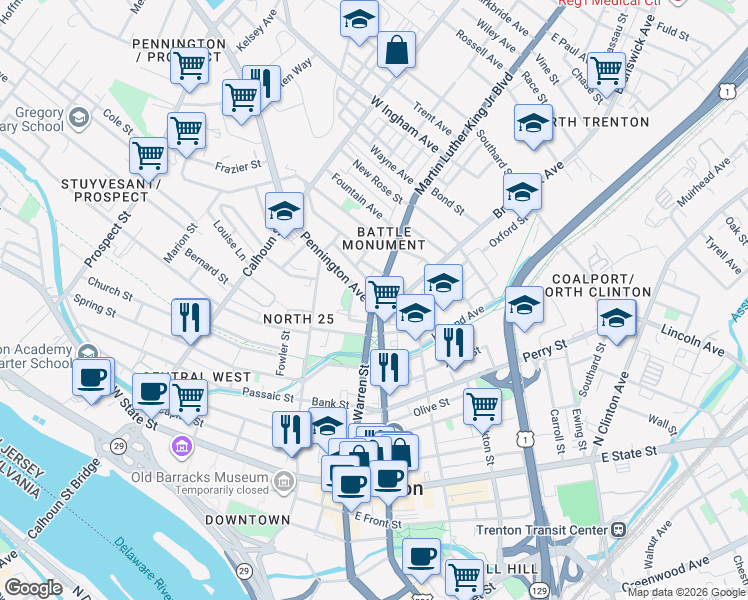 map of restaurants, bars, coffee shops, grocery stores, and more near 4 Pennington Avenue in Trenton
