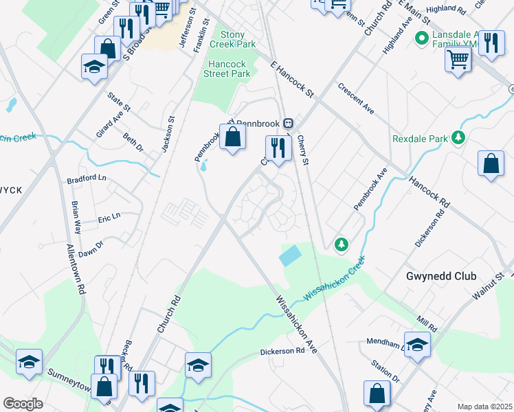 map of restaurants, bars, coffee shops, grocery stores, and more near Reading Circle in Lansdale