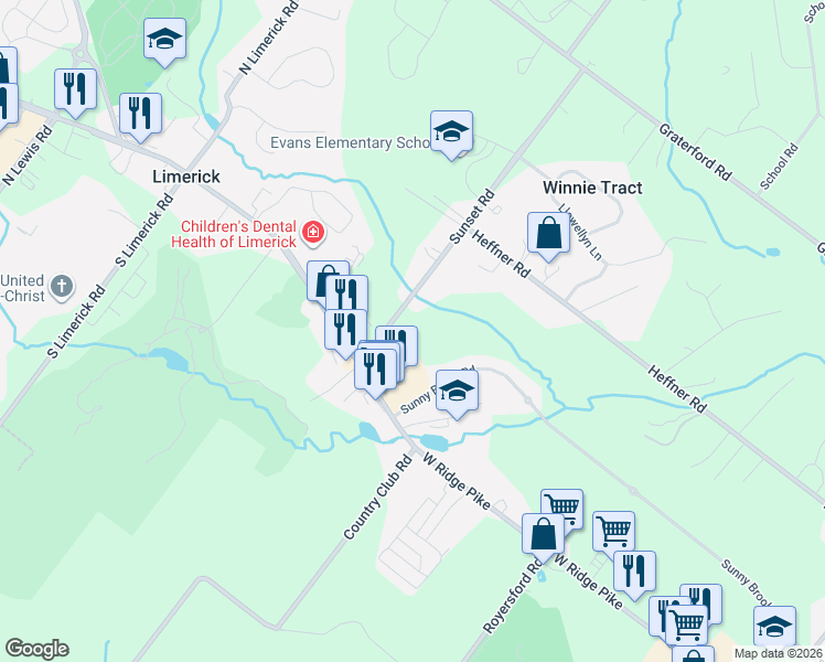 map of restaurants, bars, coffee shops, grocery stores, and more near 36 Sunset Road in Royersford