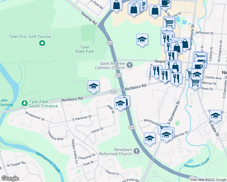 map of restaurants, bars, coffee shops, grocery stores, and more near 116 Richboro Road in Newtown