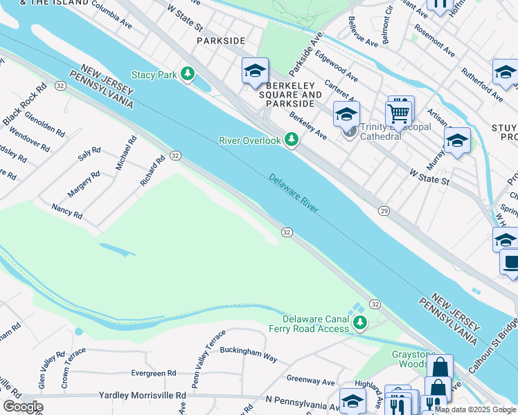 map of restaurants, bars, coffee shops, grocery stores, and more near 561 River Road in Trenton