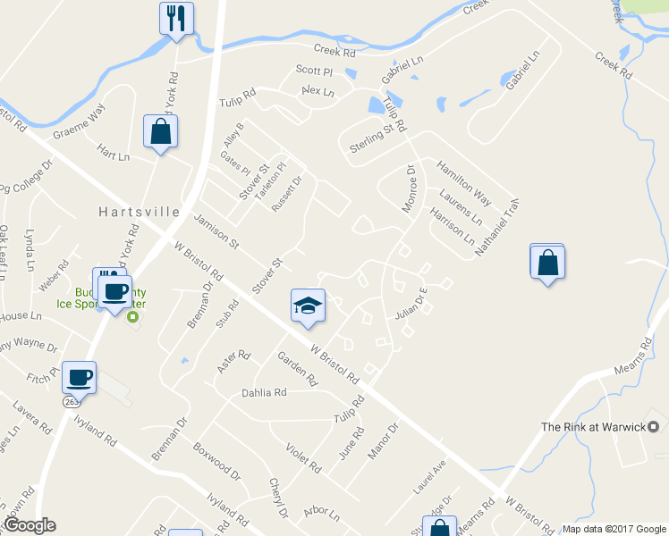 map of restaurants, bars, coffee shops, grocery stores, and more near 1001 Julian Drive East in Warwick