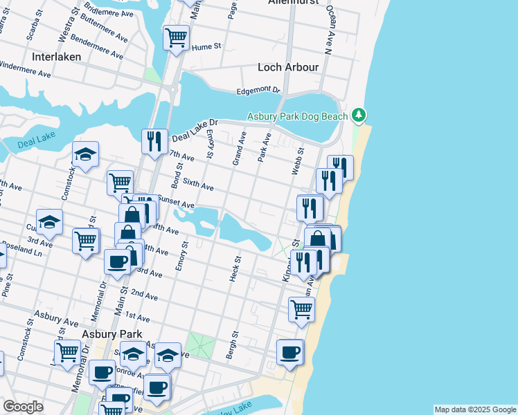 map of restaurants, bars, coffee shops, grocery stores, and more near 316 Sixth Avenue in Asbury Park