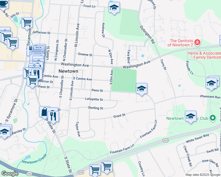 map of restaurants, bars, coffee shops, grocery stores, and more near 174 South Elm Avenue in Newtown
