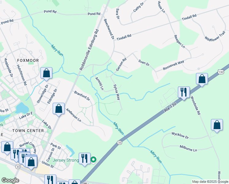 map of restaurants, bars, coffee shops, grocery stores, and more near 28 Arnold Lane in Robbinsville Township