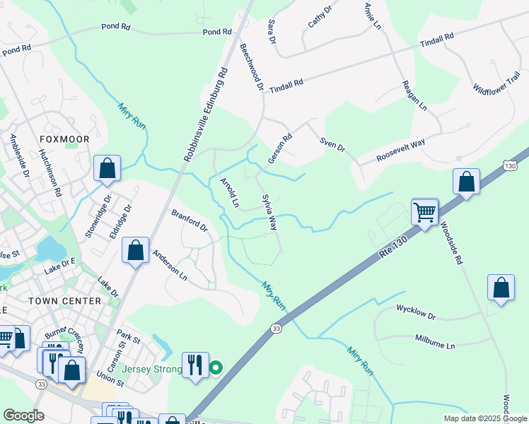 map of restaurants, bars, coffee shops, grocery stores, and more near 28 Arnold Lane in Robbinsville Township