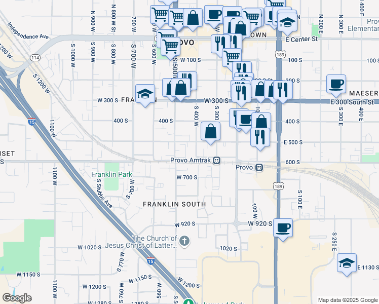 map of restaurants, bars, coffee shops, grocery stores, and more near 415 West 500 South in Provo