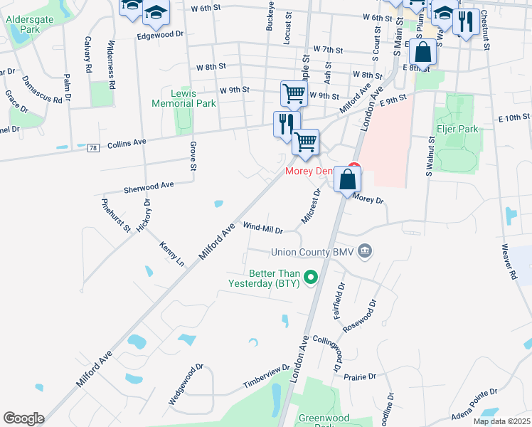 map of restaurants, bars, coffee shops, grocery stores, and more near 754 Milford Avenue in Marysville