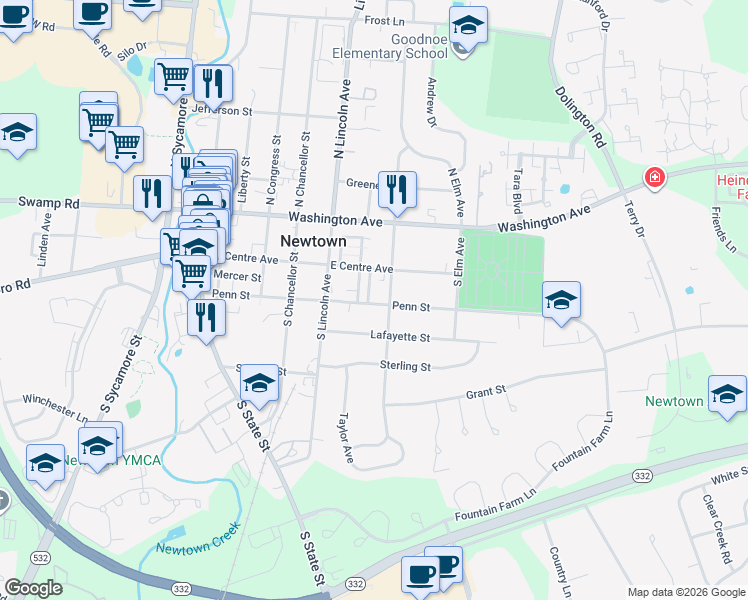 map of restaurants, bars, coffee shops, grocery stores, and more near 440 East Centre Avenue in Newtown
